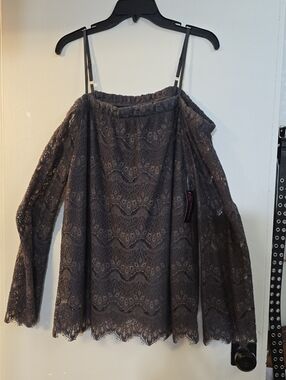 Off-Shoulder Lace Blouse in Charcoal Gray - Women